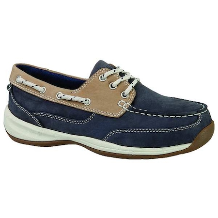 Women's Boat Shoe, Steel Toe, Leather Upper, Rubber Outsole, Lace Up, Navy Blue/Tan, 7 1/2 M