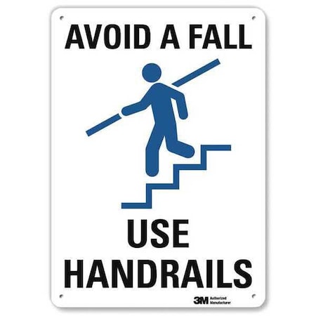 No Header, AVOID A FALL USE HANDRAILS, 7 in W x 10 in H, Horizontal Rectangle, Aluminum
