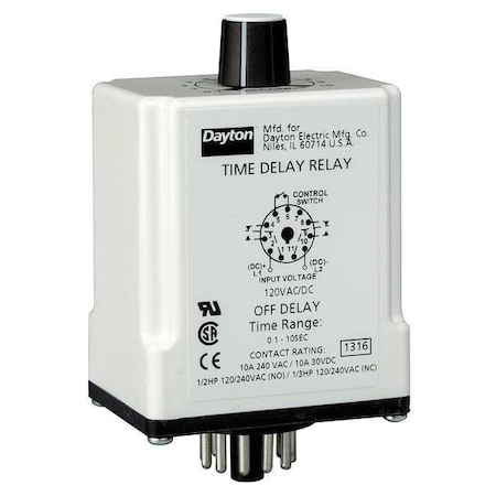 Single Function Time Delay Relay, Octal, Off Delay, 1 Functions 12V DC, DPDT