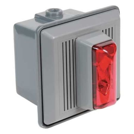Horn Strobe, Horn, Continuous, 24 V AC, 24V DC, 90 dB, Thermoplastic, Gray Housing, Red Lens