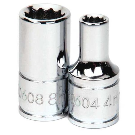 1/4" Drive, 4mm Metric Socket, 12 Points, 1/4" D,12Pt,4mm