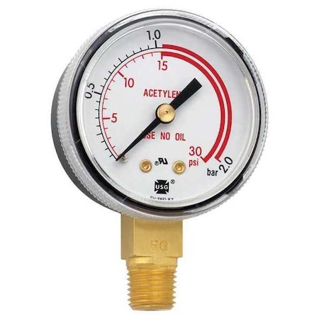 Welding Regulator Pressure Gauge, 0 to 200 psi, 2 in Dial, 1/4 in NPT, Bottom Location