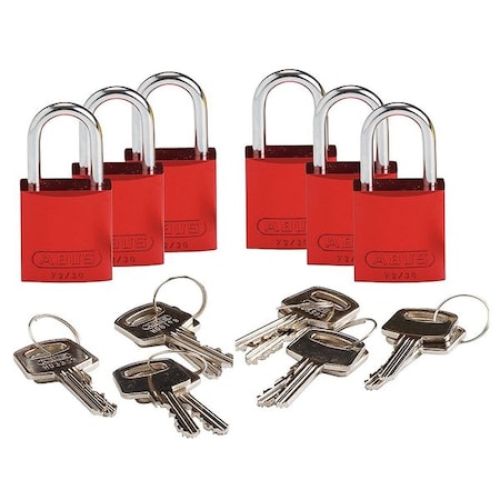 Lockout Padlock, Keyed Alike, Aluminum, Red, 1 in Shackle Height, 1 1/4 in Body Width, 6 PK