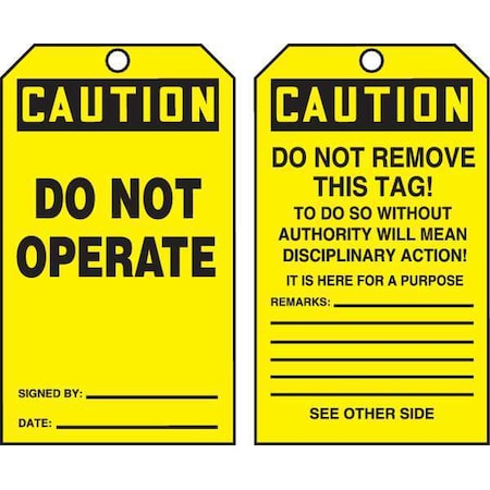 Caution Tag By The Roll, General Safety, Cardstock, 6 1/4 in H x 3 in W, Yellow, Rectangle, 100 PK