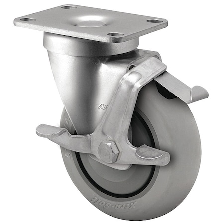 5" X 1-1/4" Non-Marking Rubber Soft Round Swivel Caster, Face Contact Brake, Loads Up To 250 lb