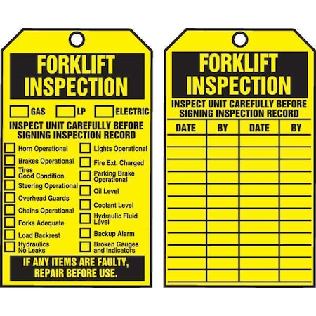 Tag, Forklift, Cardstock, 6 1/4 in H x 3 in W, Yellow, Rectangle, 250 PK