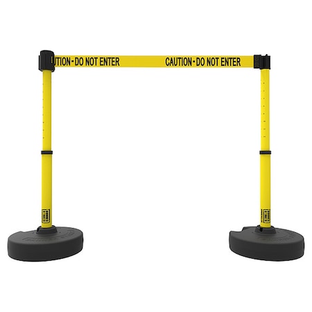 Belt Barrier System, Yellow with Black Stripes, 15 ft Length, 22 in to 42 in Adjustable Post Height