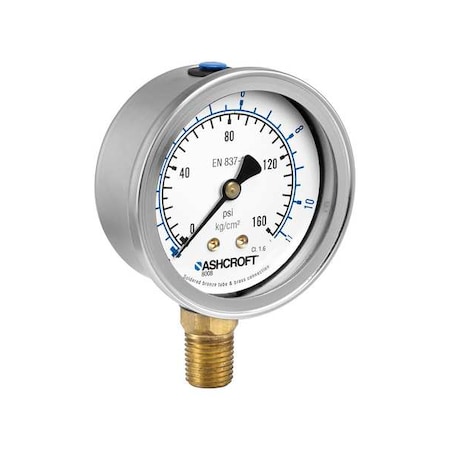 Pressure Gauge, 0 to 100 psi psi, 2 1/2 in Dial, 1/4 in NPT, Bottom Location