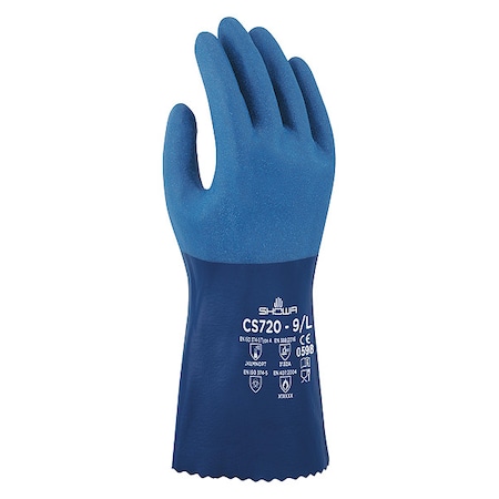 CS720 Chemical Resistant Gloves, Cotton, Nitrile, Polyester, 12 in L, Blue, 2XL, 1 PR