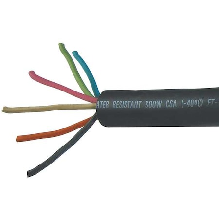 Portable Cord, SOOW, 18 AWG, 6 C, Black, Rubber, Stranded, 600V, Indoor/Outdoor, 50 ft