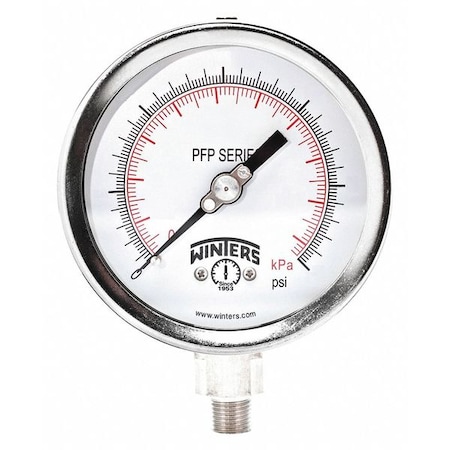 Industrial Pressure Gauge, 0 to 160 psi, 4 in Dial, 1/4 in NPT, Bottom Location