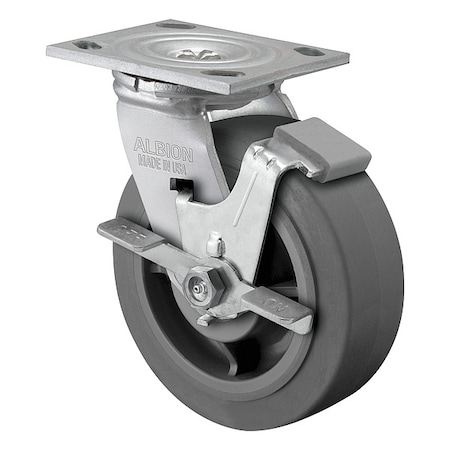6" X 2" Non-Marking Rubber Soft Flat Swivel Caster, Face Brake, Loads Up To 600 lb