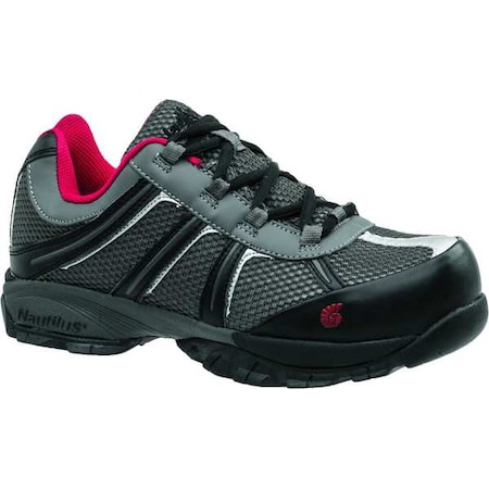 Men's Athletic Shoe, Steel Toe, Leather, Mesh Upper, Rubber Outsole, Lace Up, Gray/Red, 7 Wide