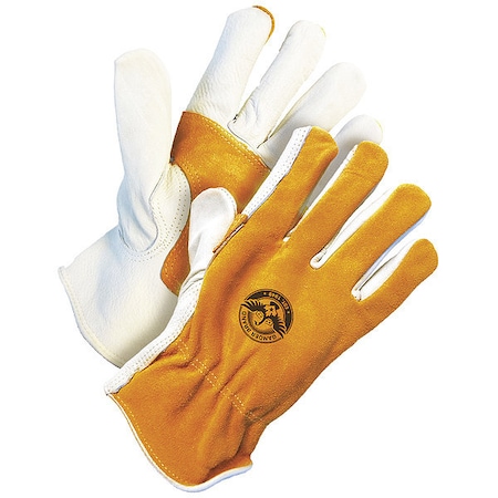 Leather Drivers Gloves, Shirred Slip-On Cuff, Keystone Thumb, Gold/Pearl, S, 1 PR