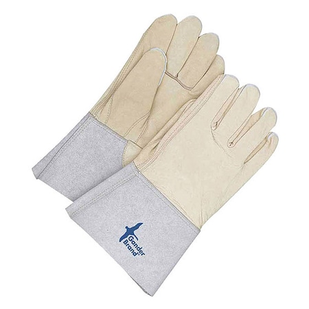 Cowhide Welder with 5 in Cuff, Gauntlet Cuff, Straight Thumb, Gray/Tan, L, 1 PR