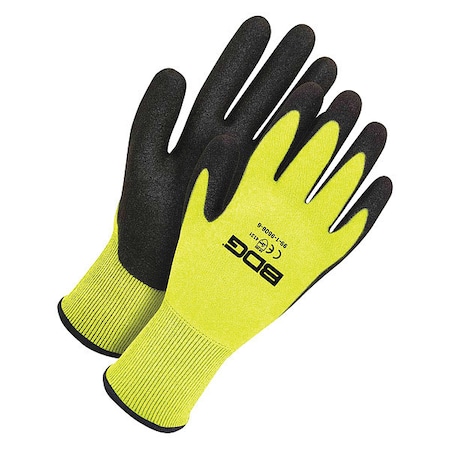 Seamless Hi-Viz Coated Gloves, Foam Nitrile, Sandy, Palm, 4 Abrasion Level, Black/Yellow, 2XS (5)