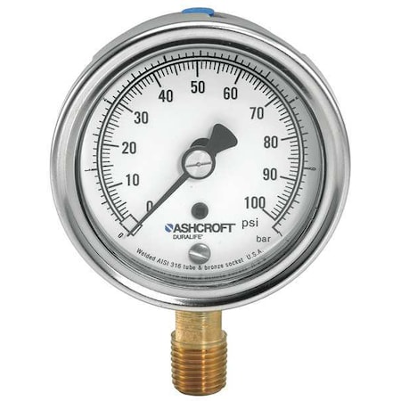 Industrial Compound Gauge, 30 to 0 to 15 psi, 2 1/2 in Dial, 1/4 in NPT, Bottom Location